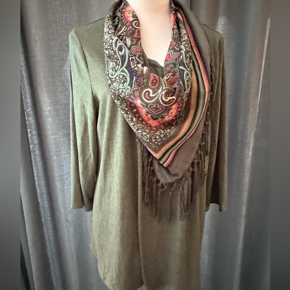 oneworld boho art to wear XL green blouse with fringe scarf Pre Loved